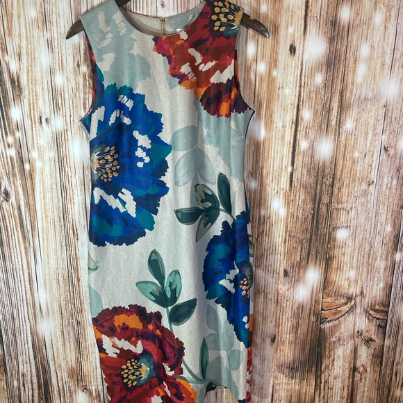 Calvin Klein Dress 10 Gray Floral Stretch Career Work Below Knee Sleeveless - Picture 2 of 5